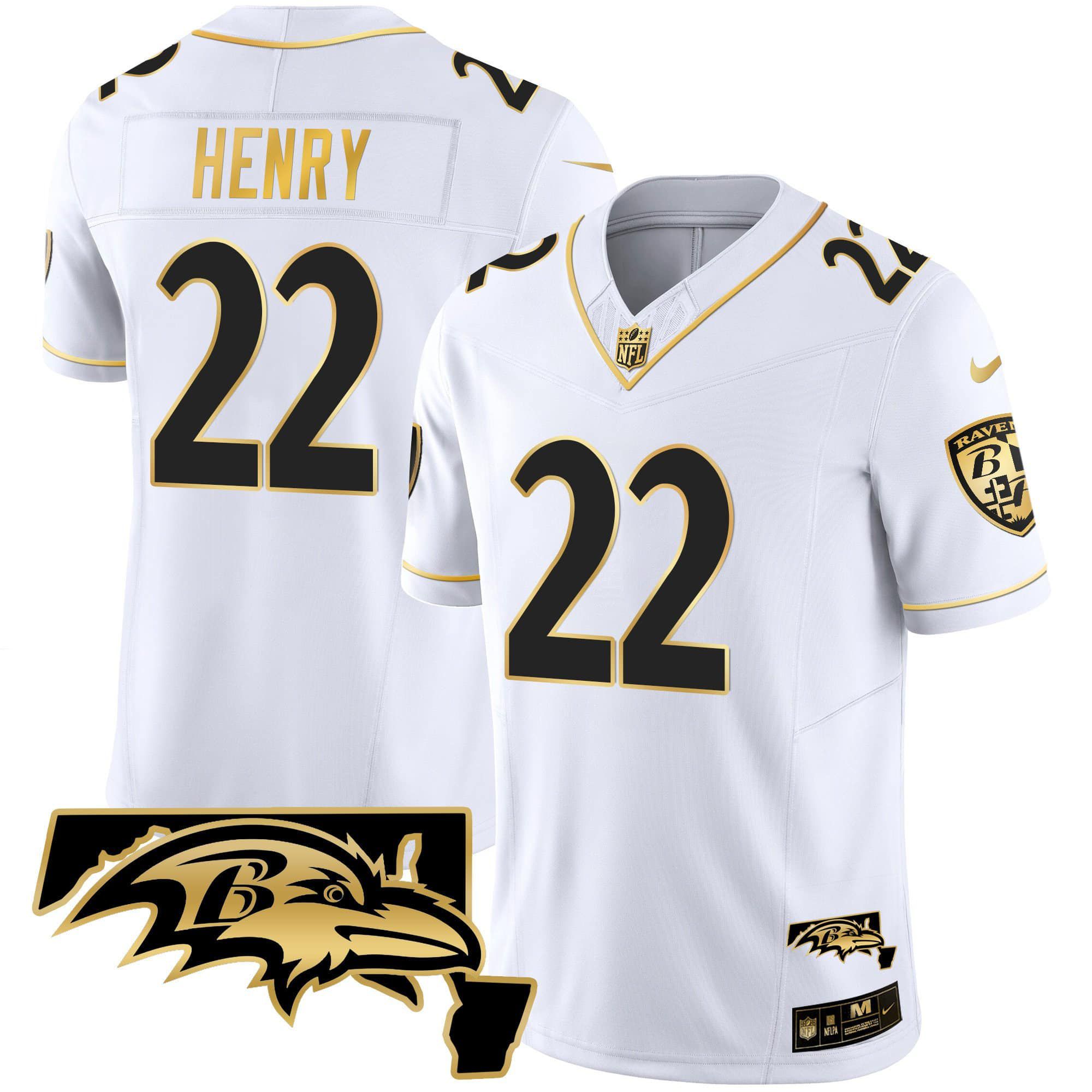 Men Baltimore Ravens 22 Henry White Gold 2024 Nike Maryland Patch Vapor Limited NFL Jersey